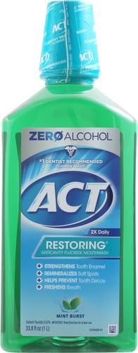 ACT Restoring Zero Alcohol Fluoride Mouthwash 33.8 fl. oz. Strengthens Tooth Enamel, Mint Burst