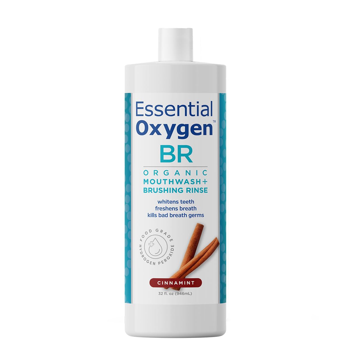 Essential Oxygen Certified BR Organic Brushing Rinse, All Natural Mouthwash for Whiter Teeth, Fresher Breath, and Happier Gums, Alcohol-Free Oral Care, Peppermint, 32 Ounce