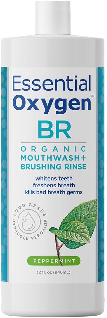 Essential Oxygen Certified BR Organic Brushing Rinse, All Natural Mouthwash for Whiter Teeth, Fresher Breath, and Happier Gums, Alcohol-Free Oral Care, Peppermint, 32 Ounce