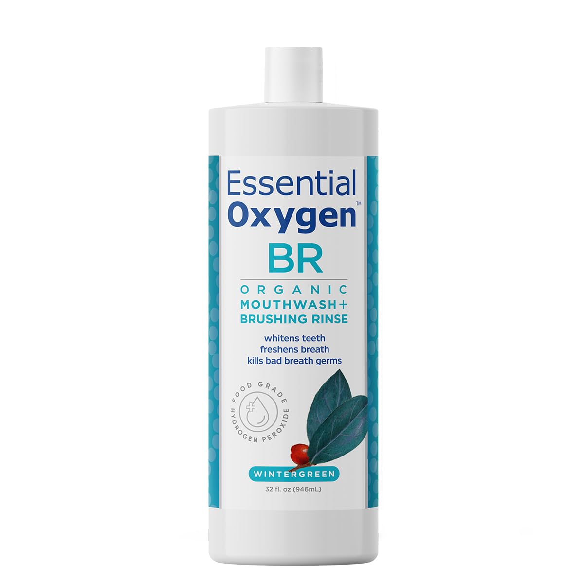 Essential Oxygen Certified BR Organic Brushing Rinse, All Natural Mouthwash for Whiter Teeth, Fresher Breath, and Happier Gums, Alcohol-Free Oral Care, Peppermint, 32 Ounce
