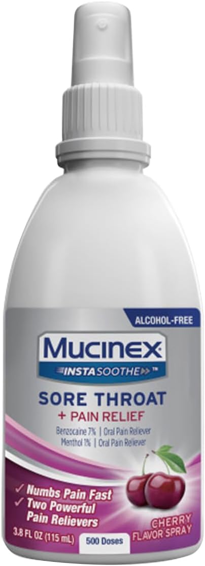 Mucinex Instasoothe Sore Throat Spray for Oral Pain Relief, Throat Numbing Spray with Benzocaine & Menthol Starts to Work on Contact, Cherry Flavor, 3.8 Fl Oz