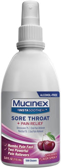 Mucinex Instasoothe Sore Throat Spray for Oral Pain Relief, Throat Numbing Spray with Benzocaine & Menthol Starts to Work on Contact, Cherry Flavor, 3.8 Fl Oz
