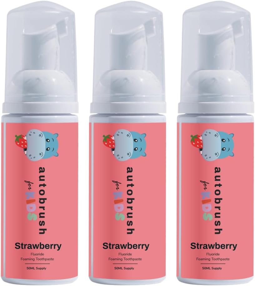 Autobrush Fluoride Foaming Toothpaste for Kids, Strawberry Flavor, Whitening & Deep Cleaning, Travel Friendly, Anti-Cavity (Pack of 3)