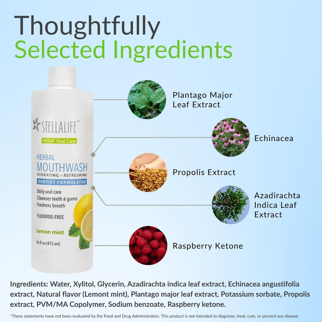 StellaLife Wellness Herbal Mouthwash – Natural Hydrating Alcohol-Free Oral Solution for Halitosis/Bad Breath Relief (Not Vega Rinse) Lemon Mint