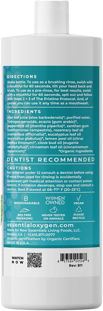 Essential Oxygen Certified BR Organic Brushing Rinse, All Natural Mouthwash for Whiter Teeth, Fresher Breath, and Happier Gums, Alcohol-Free Oral Care, Peppermint, 32 Ounce