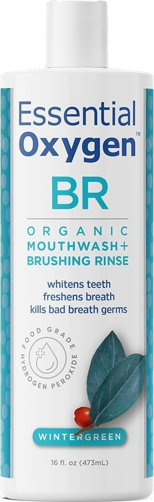Essential Oxygen Certified BR Organic Brushing Rinse, All Natural Mouthwash for Whiter Teeth, Fresher Breath, and Happier Gums, Alcohol-Free Oral Care, Peppermint, 32 Ounce
