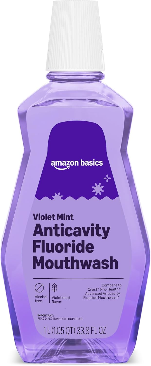Amazon Basics Anticavity Fluoride Mouthwash, Alcohol Free, Violet Mint, 1 Liter, 33.8 Fluid Ounces, 1-Pack, Packaging May Vary