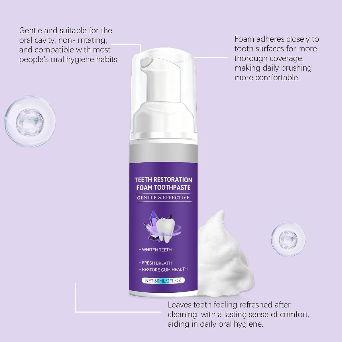 Bright Shine Foaming Tooth Mousse, Gentle Refreshing Clean, One-Press Dispenser, Portable Daily Oral Care, Fresh Feeling(2pcs)