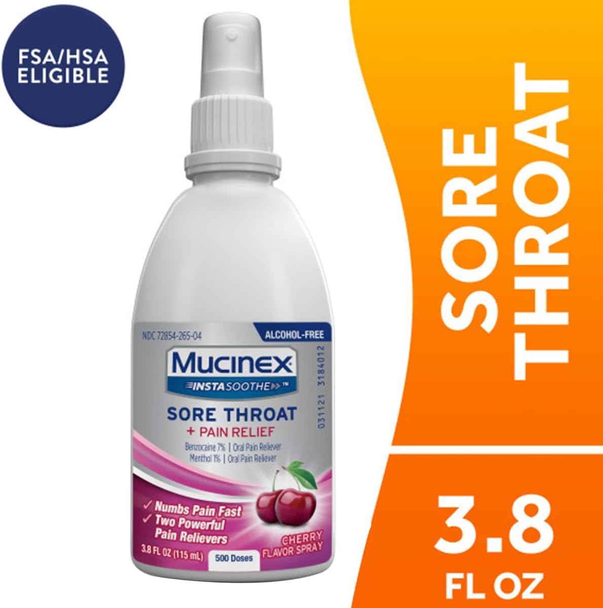 Mucinex Instasoothe Sore Throat Spray for Oral Pain Relief, Throat Numbing Spray with Benzocaine & Menthol Starts to Work on Contact, Cherry Flavor, 3.8 Fl Oz