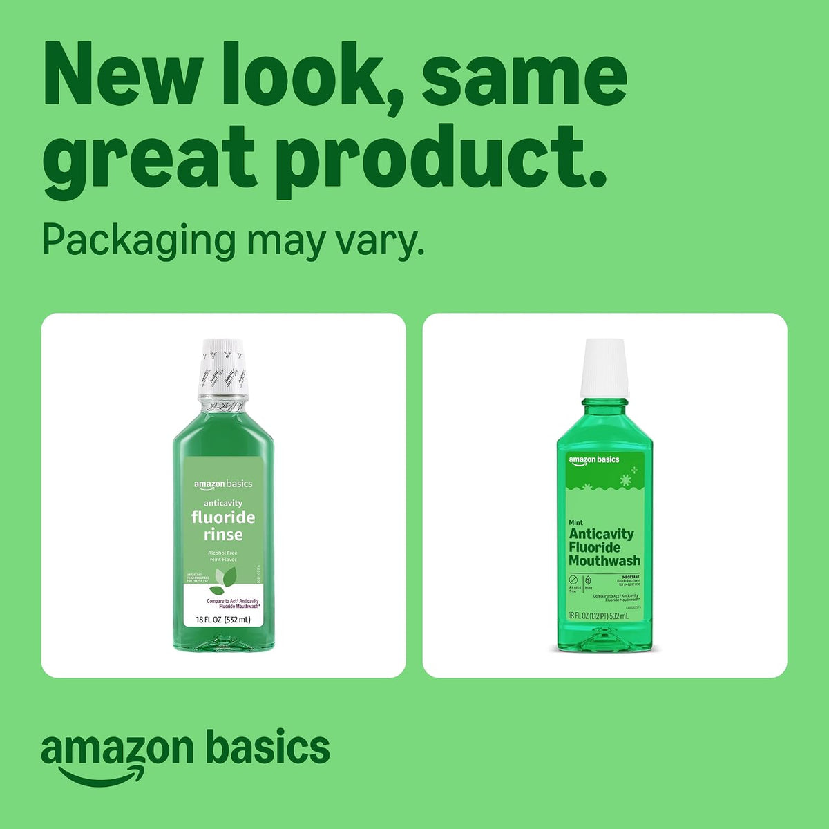 Amazon Basics Anticavity Fluoride Rinse, Alcohol-Free, Mint, 18 ounce (Pack of 4), Packaging May Vary