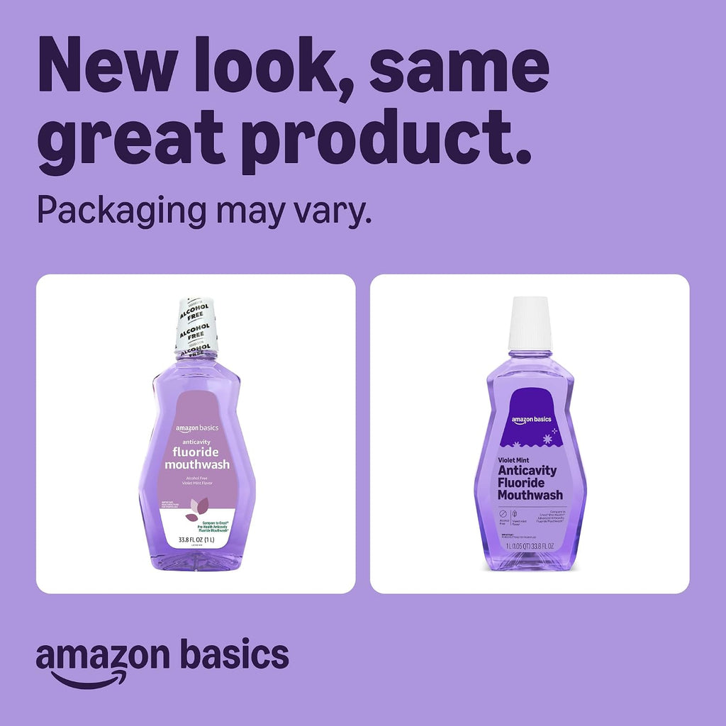Amazon Basics Anticavity Fluoride Mouthwash, Alcohol Free, Violet Mint, 1 Liter, 33.8 Fluid Ounces, 1-Pack, Packaging May Vary