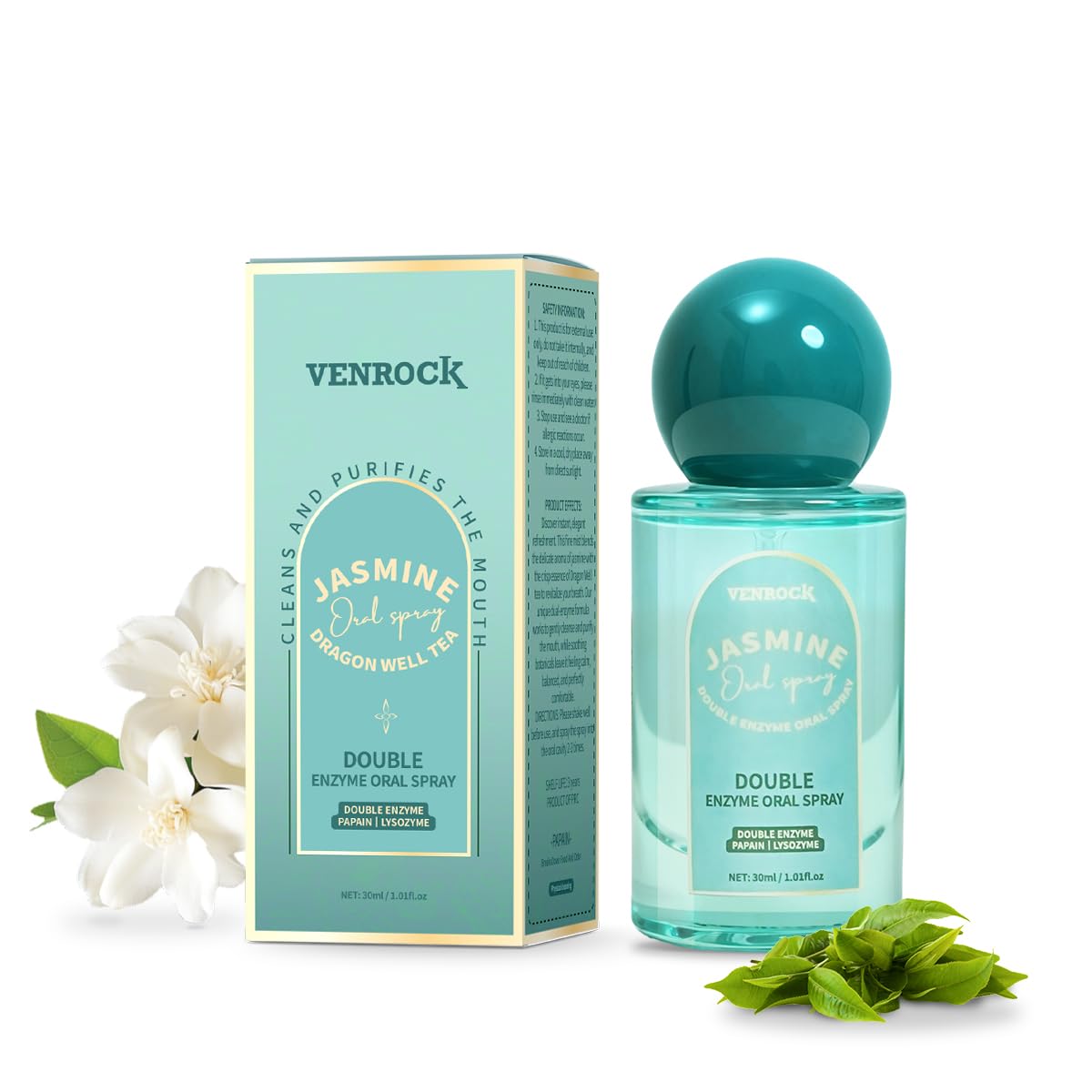 Venrock Double Enzyme Oral Spray Long-Lasting Freshness, Alcohol-Free Oral Spray for Breath Care, Jasmine Dragon Well Tea Flavor, Travel-Sized Breath Spray with Papain & Lysozyme, 30ml/1.01 Fl Oz