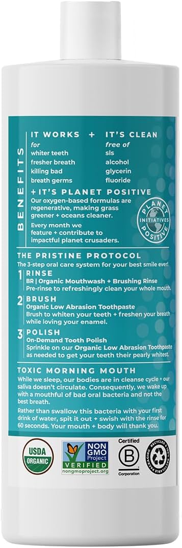 Essential Oxygen Certified BR Organic Brushing Rinse, All Natural Mouthwash for Whiter Teeth, Fresher Breath, and Happier Gums, Alcohol-Free Oral Care, Peppermint, 32 Ounce