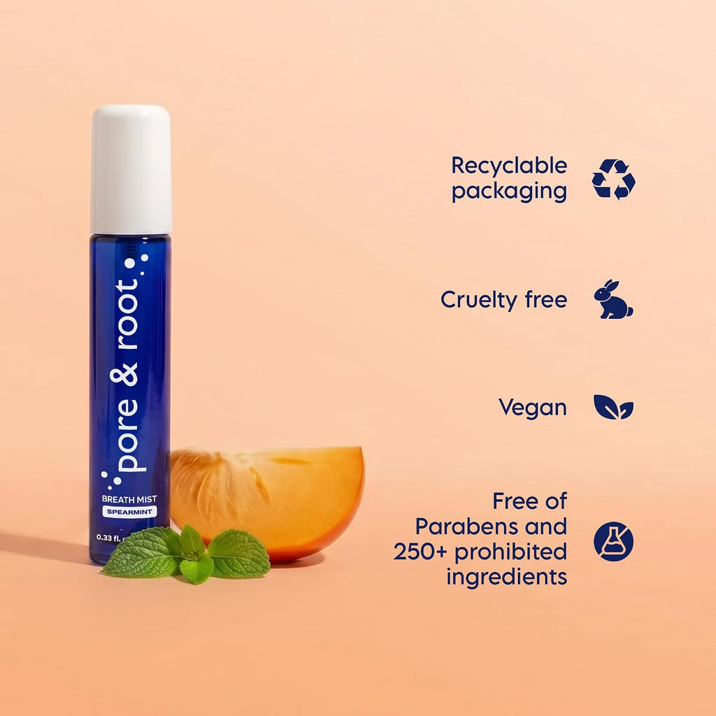 pore & root Breath Spray for Bad Breath – Spearmint Mouth Spray | 4 Bottles Travel Size (0.33 fl oz Each) | Fresh Breath Mist with Menthol & Persimmon