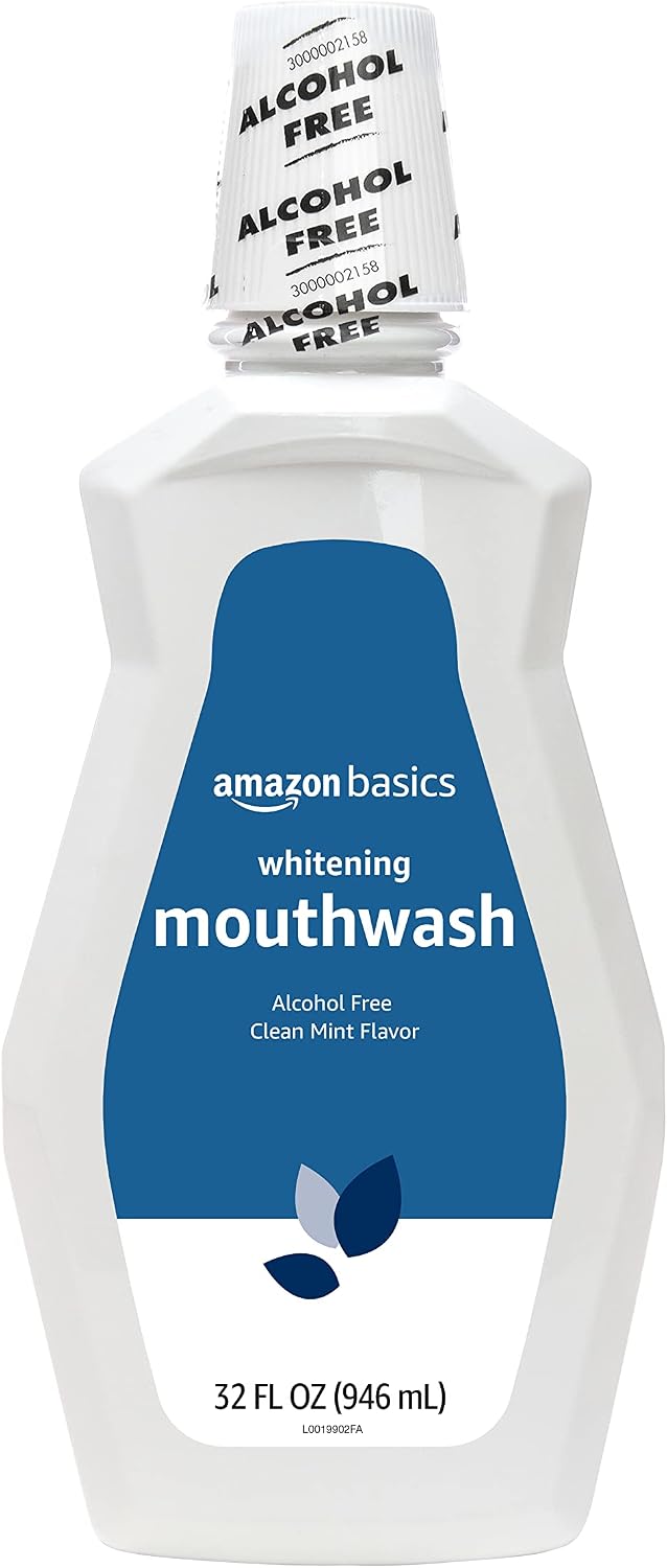 Amazon Basics Teeth Whitening Mouthwash, Alcohol-Free, Clean Mint, Breath Freshener, 32 Fluid Ounces, 1-Pack (Previously Solimo)