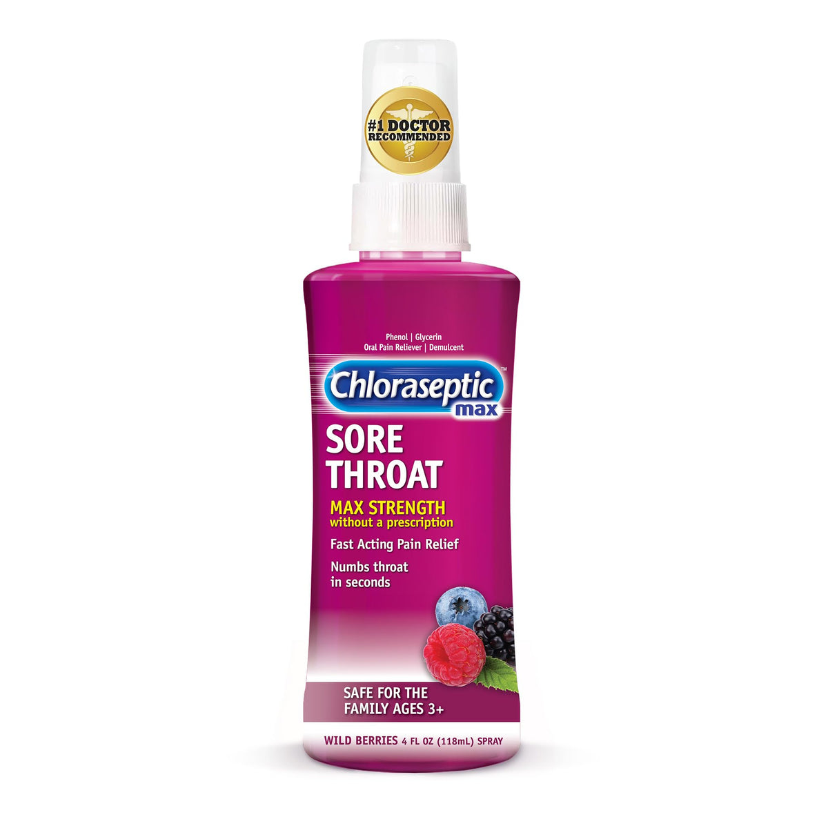 Chloraseptic Max Strength Sore Throat Spray, Sugar-Free Wild Berry, 4 Fl Oz