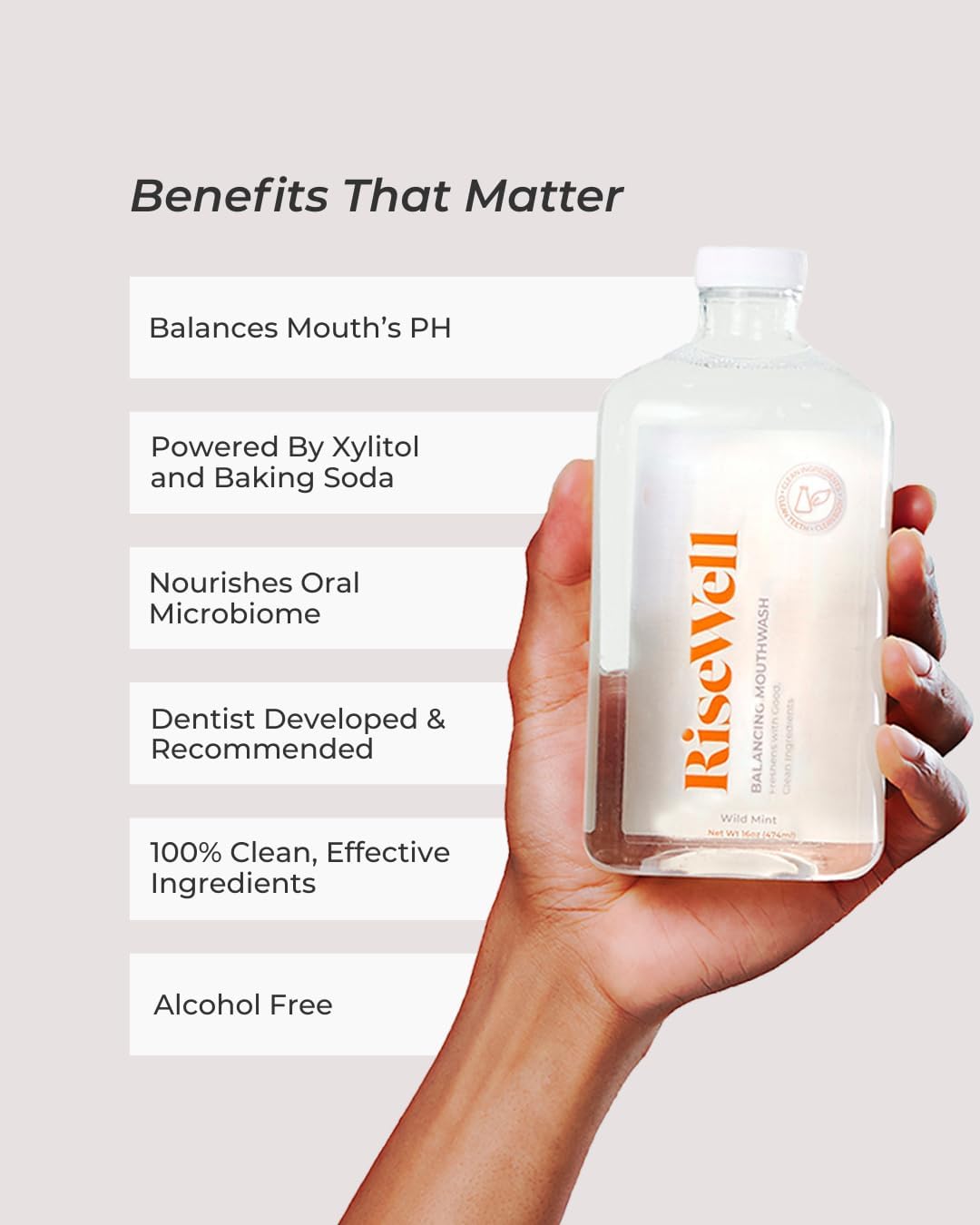 RiseWell Balancing Mouthwash - pH Balancing Alkaline Alcohol Free Mouthwash - SLS Free Xylitol Rinse for Cool Breath, Dentist Developed Dry Mouth Rinse and Natural Breath Freshener - Wild Mint, 16 Oz