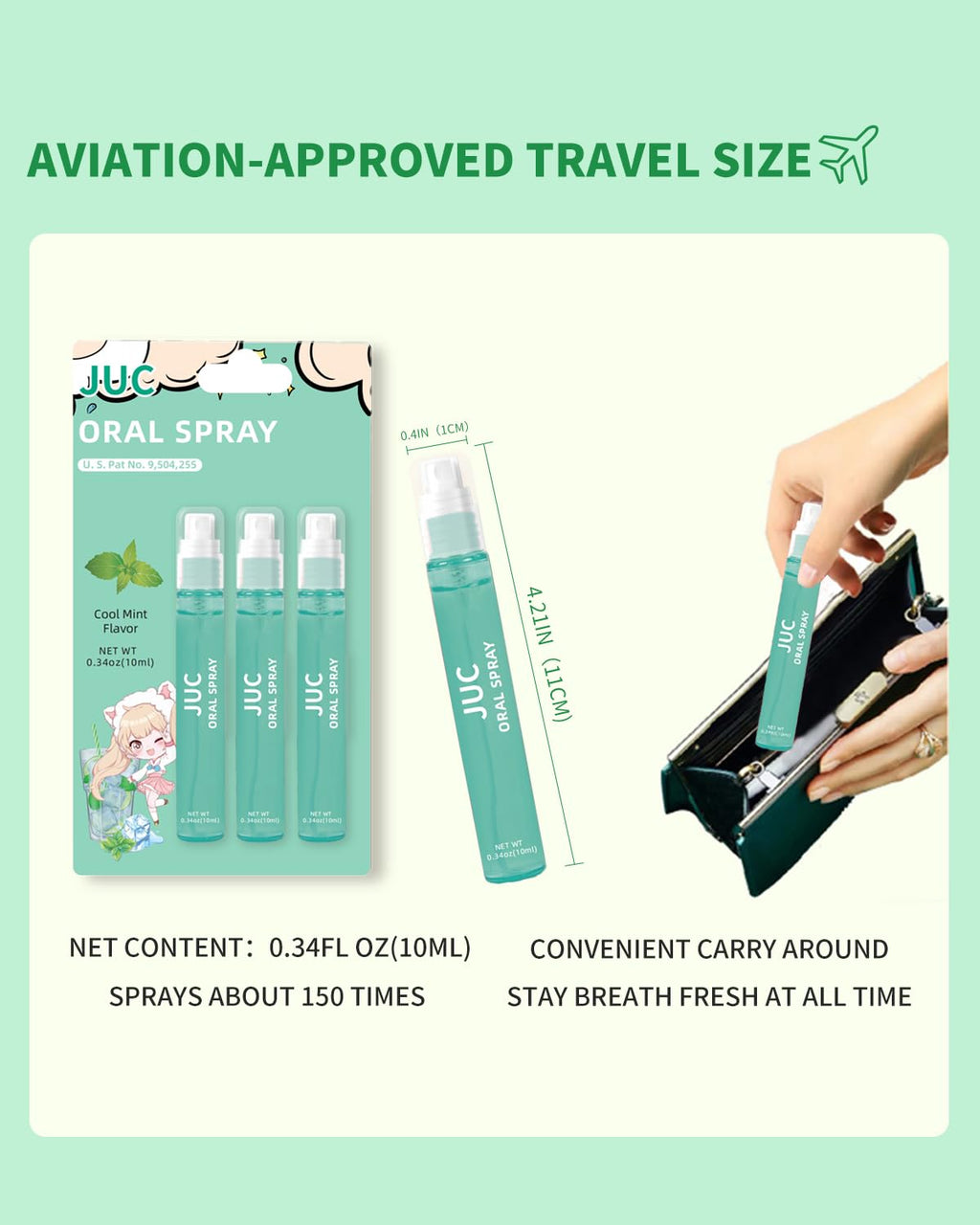 3 Count Mint Breath Spray Mouth Freshener Oral Care for All Ages 0.33OZ (10ML) Cool Mint Flavor