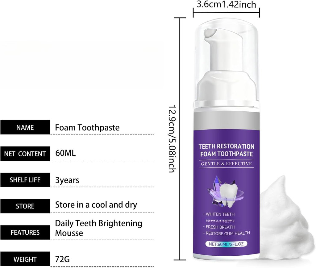 Bright Shine Foaming Tooth Mousse, Gentle Refreshing Clean, One-Press Dispenser, Portable Daily Oral Care, Fresh Feeling(2pcs)