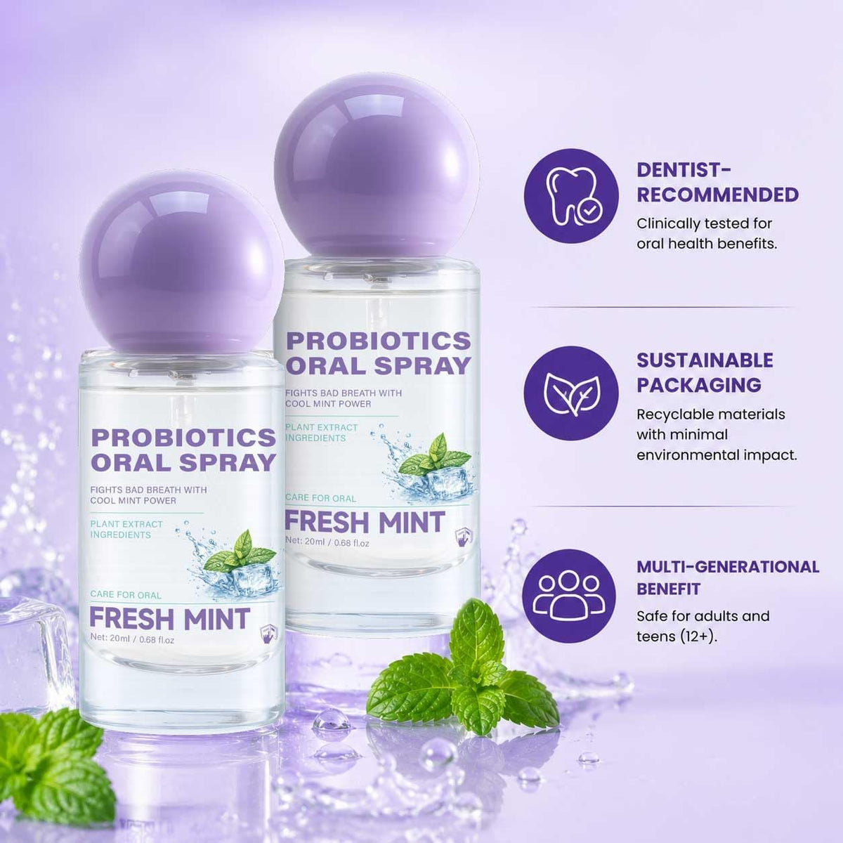 Probiotic Oral Spray for Long-Lasting Cool Freshness,Travel-Sized 0.68oz