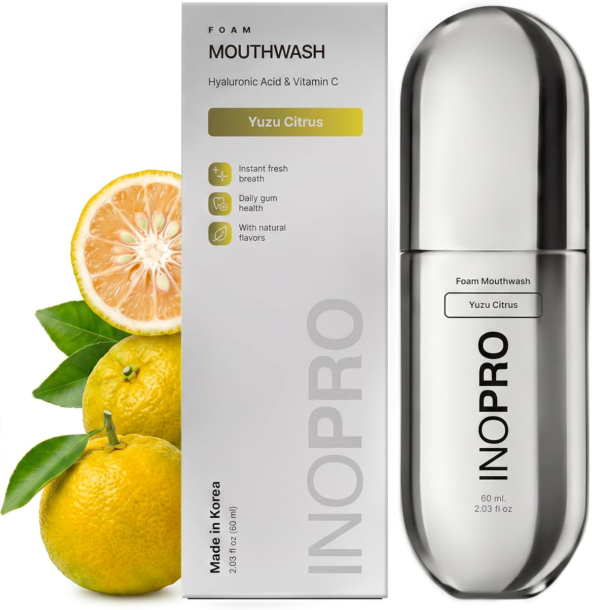 INOPRO Foam Mouthwash with Nano-Hydroxyapatite, Xylitol, Hyaluronic Acid, Vinamin C, Alcohol Free, Fluoride Free Oral Rinse Portable Travel Size - Yuzu Citrus, 2.03 fl oz