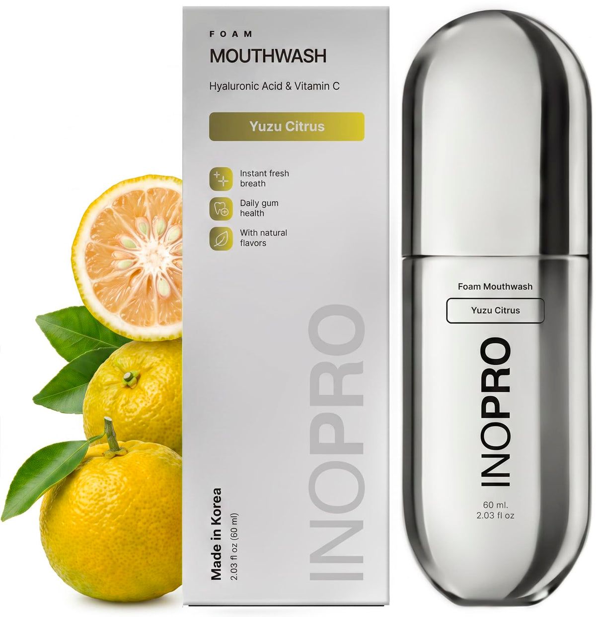 INOPRO Foam Mouthwash with Nano-Hydroxyapatite, Xylitol, Hyaluronic Acid, Vinamin C, Alcohol Free, Fluoride Free Oral Rinse Portable Travel Size - Yuzu Citrus, 2.03 fl oz