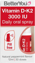 BetterYou D3000 and K2 Vitamin D Daily Oral Spray - Convenient Alternative for Tablets - Supports Bone Health and Boost Immune System - Prevents Blood Clotting - Natural Peppermint Flavor - 0.4 oz