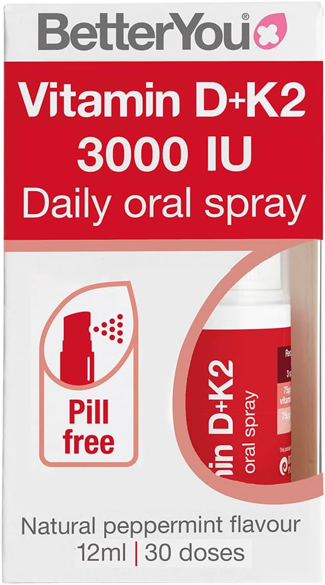 BetterYou D3000 and K2 Vitamin D Daily Oral Spray - Convenient Alternative for Tablets - Supports Bone Health and Boost Immune System - Prevents Blood Clotting - Natural Peppermint Flavor - 0.4 oz