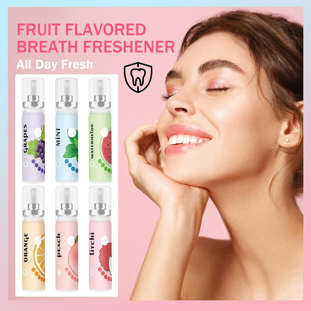 6PCS Fresh Breath Spray,Fruity Flavour Mouth Spray Freshener Spray Set for Mouth,Peaches,Oranges,Watermelon,Grapes,Lychee