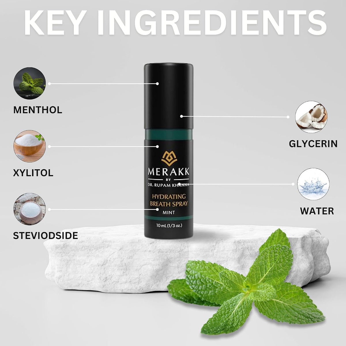MERAKK Dry Mouth Spray and Breath Spray for Bad Breath - Hydrating Mouth Spray for Fresh Breath - Sugar-Free Breath Freshener Oral Spray with Xylitol & Stevioside - Dentist Designed, Mint, 0.3 fl. Oz.