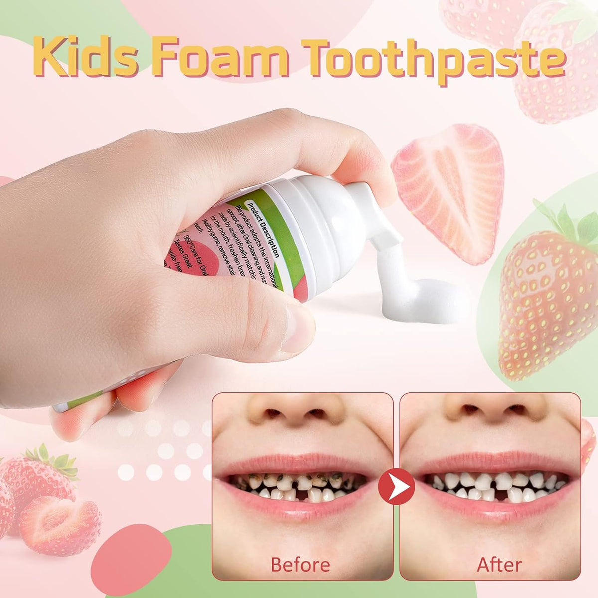 Foam Toothpaste Kids 2PCS, Toddler Toothpaste Cavity Protection, Clean and Whitening, 360ºCare, Portable, Kids Foam Toothpaste with Fluoride for Electric U-Shape Toothbrushes(Strawberry & Watermelon)