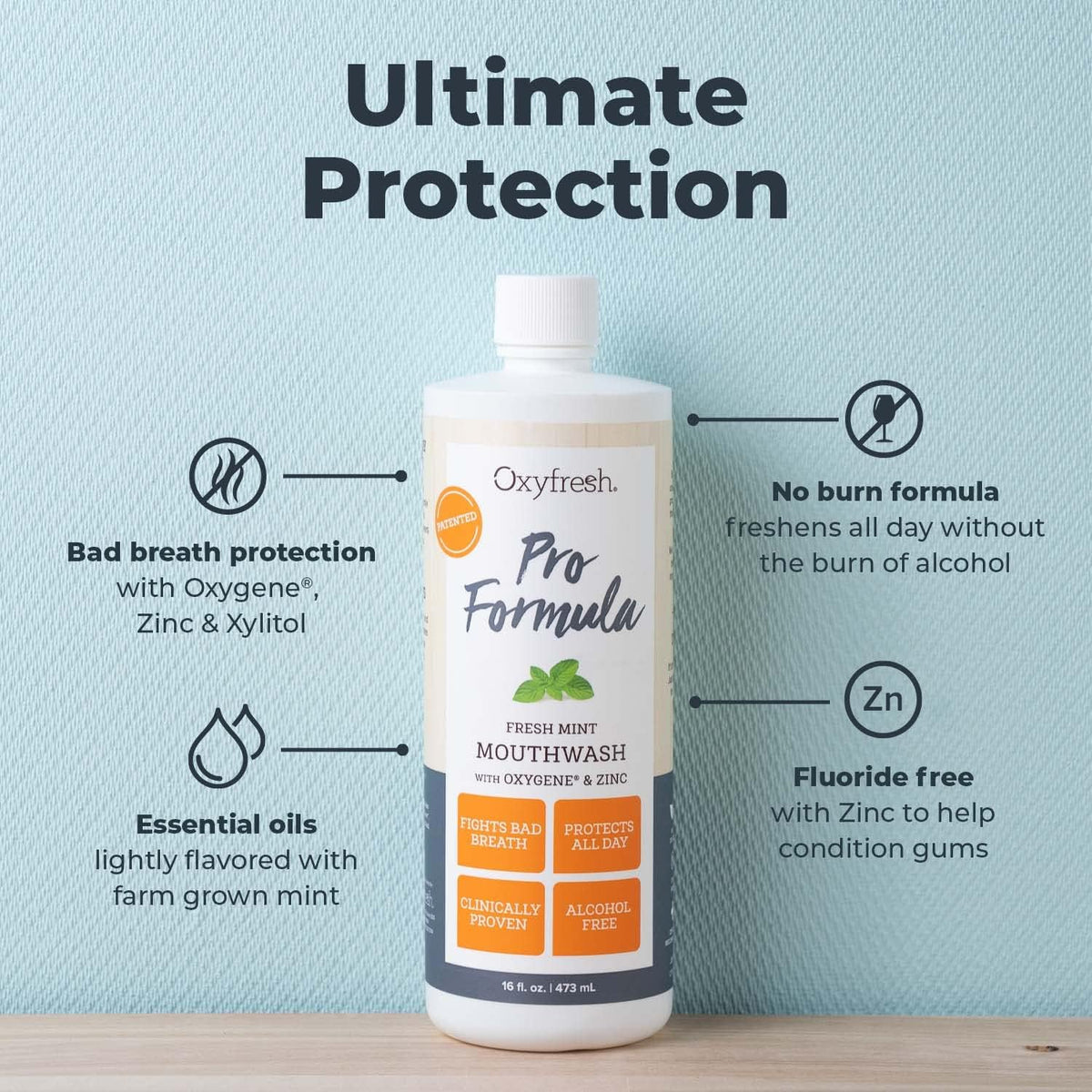 Oxyfresh Pro Formula Fresh Mint Mouthwash – Patented Zinc Mouthrinse for Fresh Breath, Healthy Gums & Bad Breath Treatment for Adults - Dye, Fluoride & Alcohol Free (16 Fl Oz)