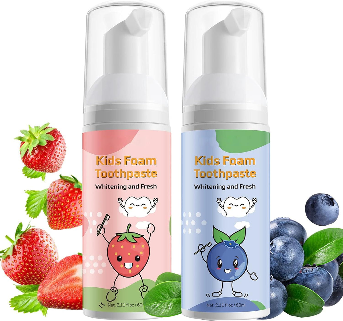 Foam Toothpaste Kids 2PCS, Toddler Toothpaste Cavity Protection, Clean and Whitening, 360ºCare, Portable, Kids Foam Toothpaste with Fluoride for Electric U-Shape Toothbrushes(Strawberry & Watermelon)