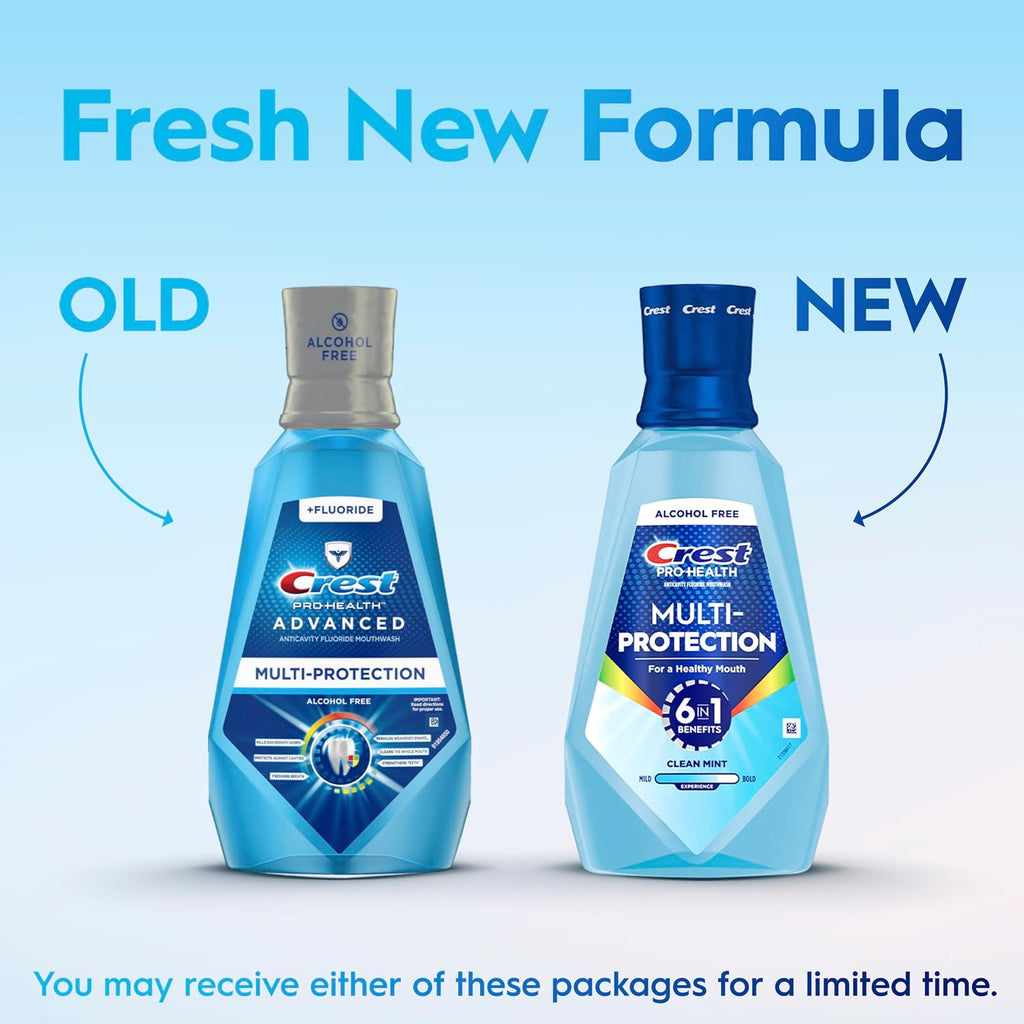 Crest Mouthwash Pro Health Multi-Protection, 1L, 2 Pack, 6-in-1 Benefits, Alcohol Free, Enamel Repair, Breath Freshener, Anti Cavity, Fluoride mouthwash, Bad Breath Treatment for Adults, Contains CPC