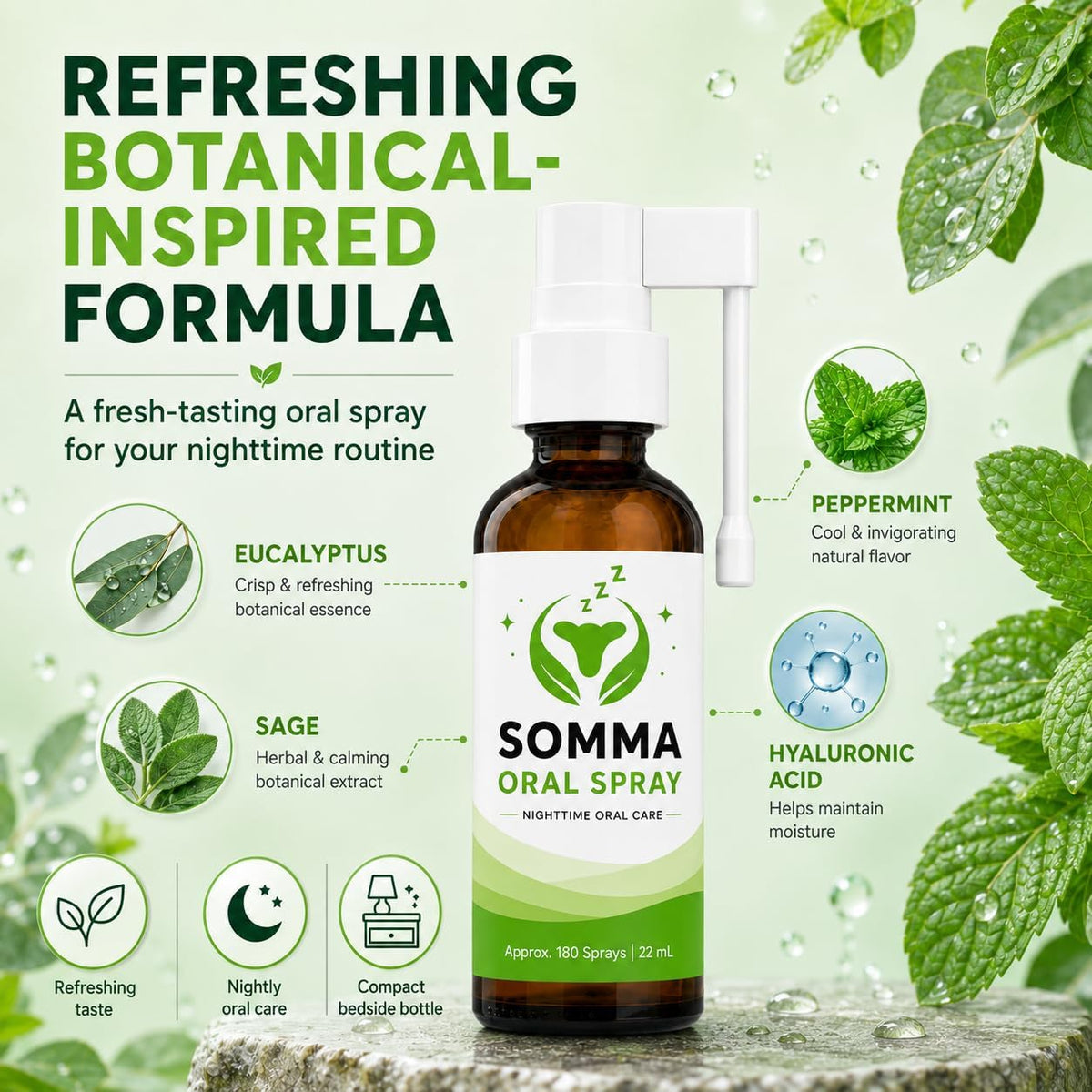 Somma Oral Spray, Fresh Mint Flavor, Extended Nozzle, 22 mL