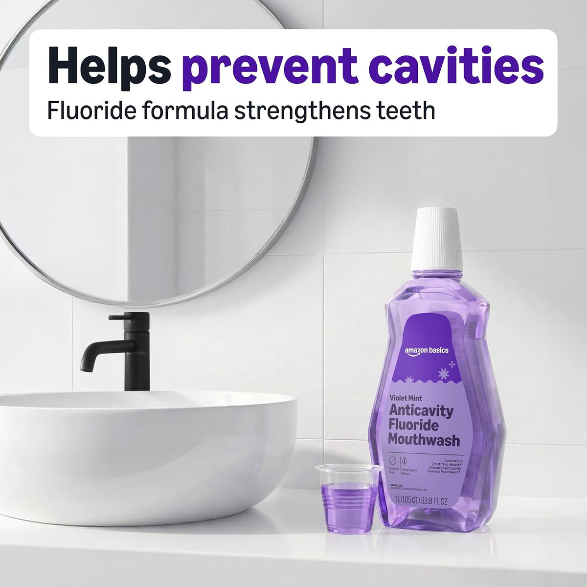 Amazon Basics Anticavity Fluoride Mouthwash, Alcohol Free, Violet Mint, 1 Liter, 33.8 Fluid Ounces, 1-Pack, Packaging May Vary