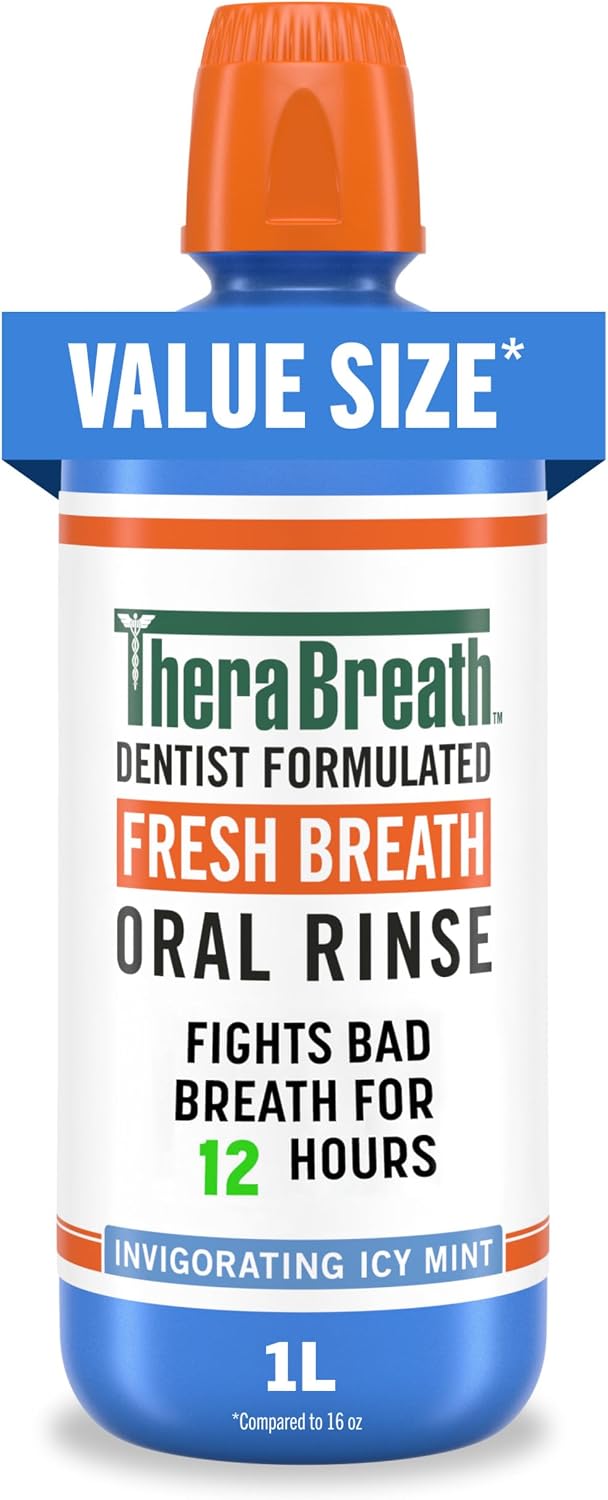 TheraBreath Fresh Breath Oral Rinse, Invigorating ICY Mint Flavor, Dentist Formulated and ADA-Accepted Mouthwash pH-Balanced, Alcohol Free & Non-Burning, 1 Liter