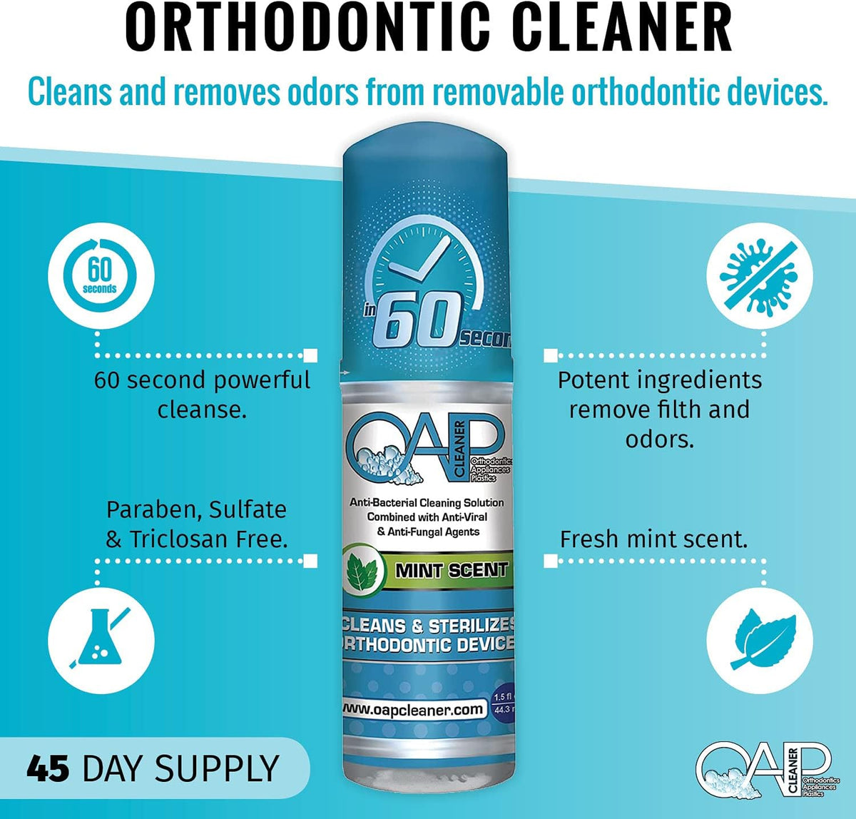 OAP Orthodontic Cleaner Cleaner | For Retainers, Dentures, Mouth Guards & More | 60 Second Foam | Paraben, Sulfate and Triclosan Free | 44.3 mL, 3 Bottles