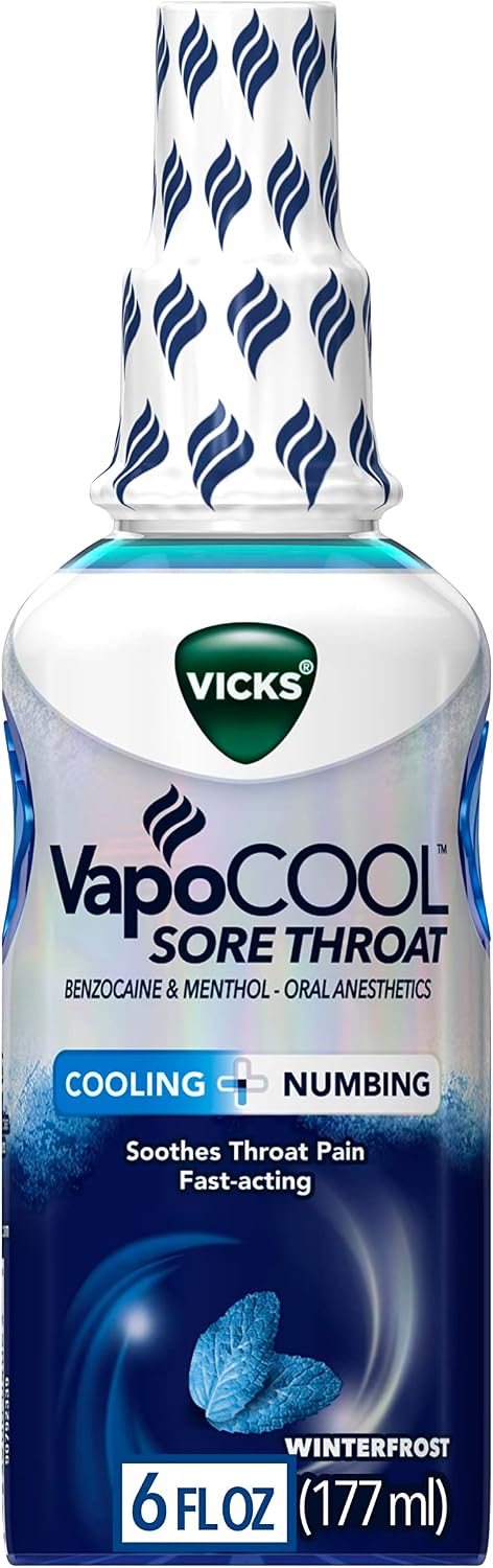 Vicks VapoCOOL Sore Throat Spray, Powerful Sore Throat Numbing Relief, Soothes Throat Pain, Fast-Acting, with Benzocaine & Menthol - Oral Anesthetics, Winterfrost Flavor, 6 FL OZ