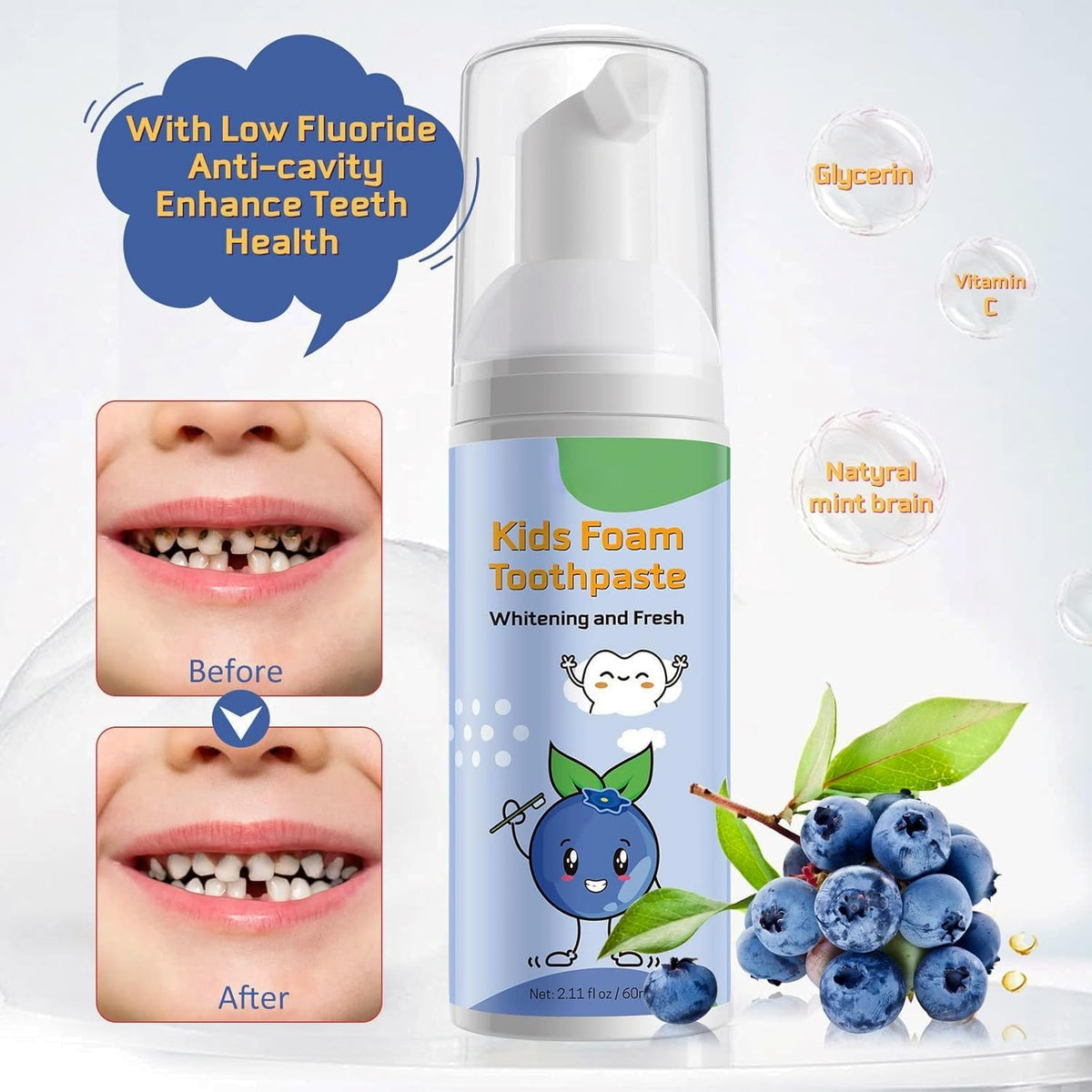 Foam Toothpaste Kids, Kids Mouthwash with Fruit Flavor - Toddler Toothpaste Age for Children, 360ºCare Natural Anti-Cavity Formulas with Fluoride for Electric & U-Shape Toothbrushes