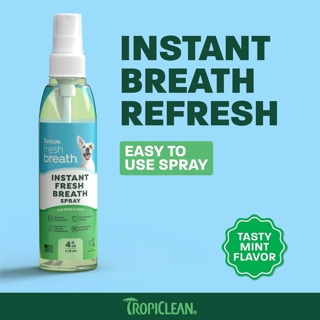 TropiClean Fresh Breath Oral Care Spray for Dogs & Cats | Dog Breath Spray | Mint Breath Freshener | Pet Bad Breath Treatment | Made in The USA | 4 oz