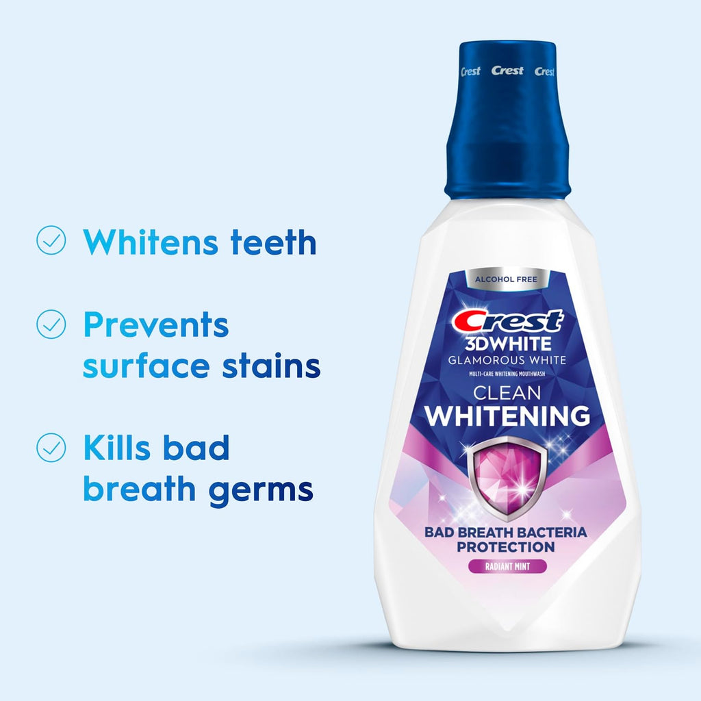 Crest 3D White Glamorous White Alcohol Free Multi-Care Whitening Mouthwash, Hydrogen Peroxide Mouthwash, Arctic Mint, 16 fl oz (473 mL) - Pack of 4, Crest Mouthwash