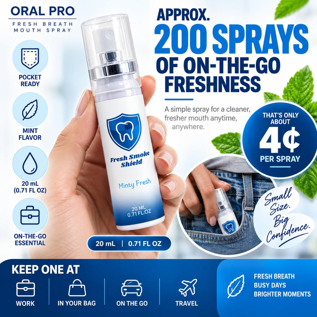 Fresh Breath Spray for Bad Breath – ORAL PRO Pocket-Size Mint Mouth Spray, Portable Breath Freshener for After Coffee & Meals, Travel & On-the-Go Use, 20 mL
