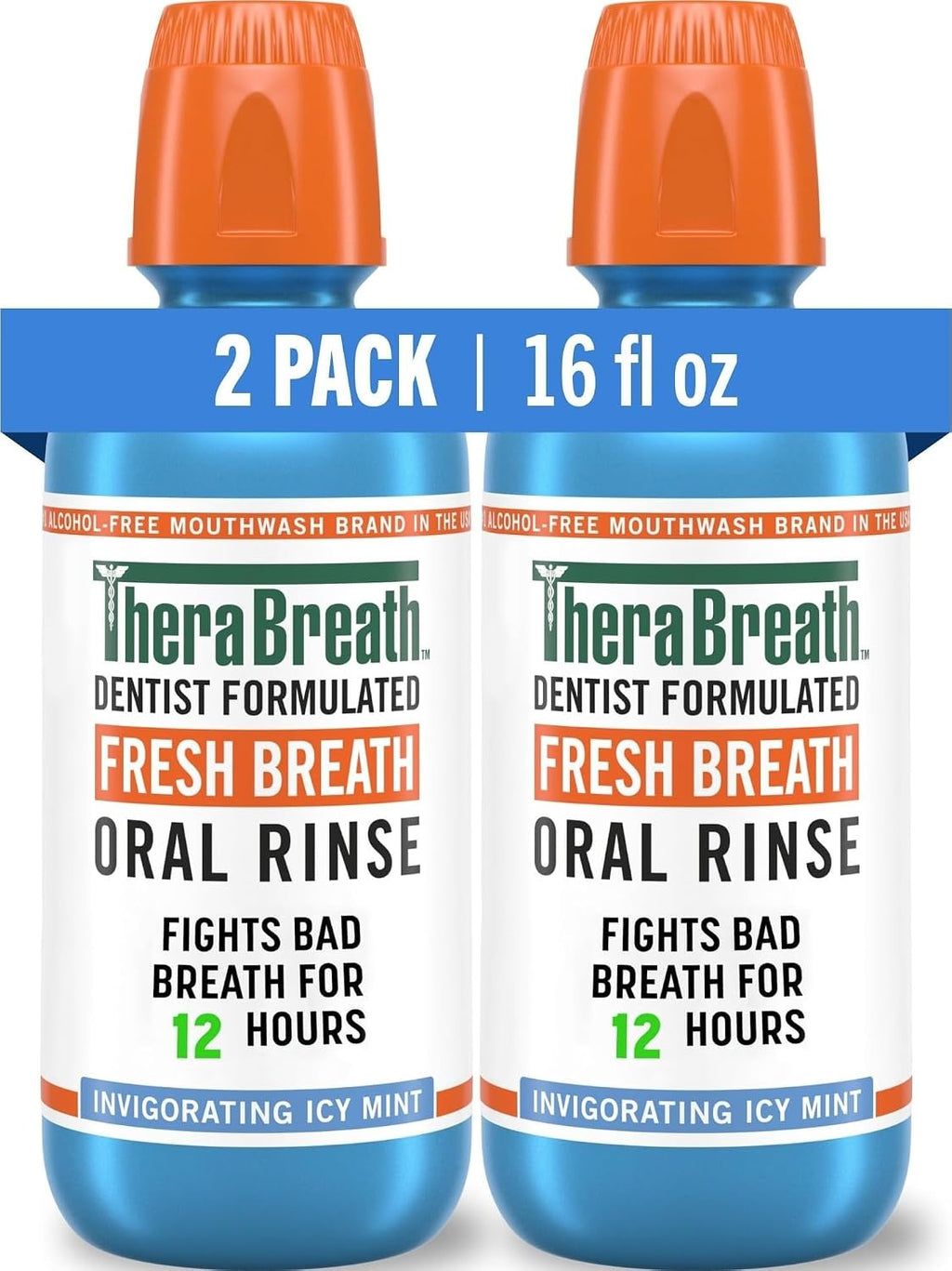 TheraBreath Fresh Breath Mouthwash, Icy Mint Flavor, Alcohol-Free, 16 Fl Oz (Pack of 2)