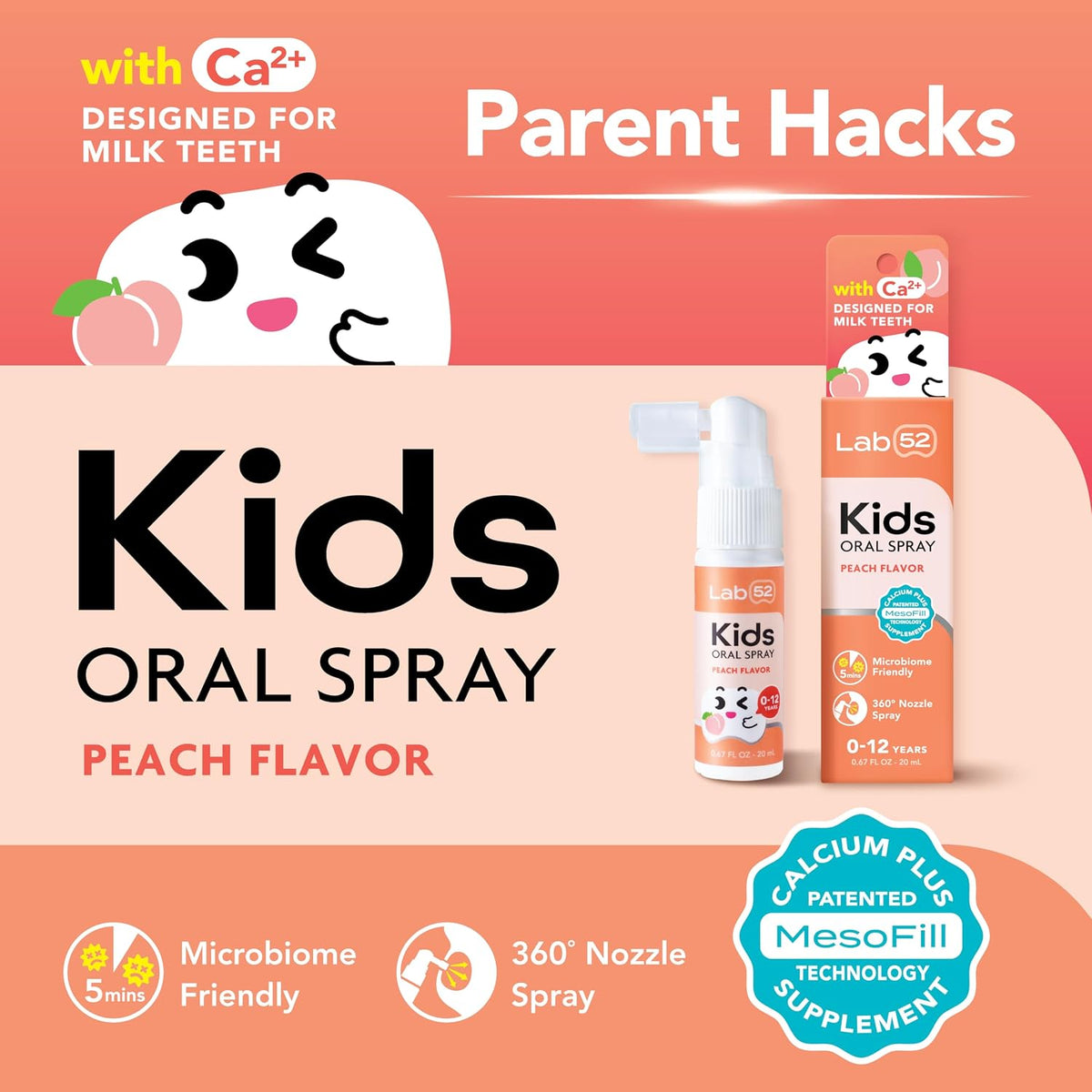 LAB52 Kids Oral Spray, Toothpaste Helper Fluoride Free, Xylitol Peach