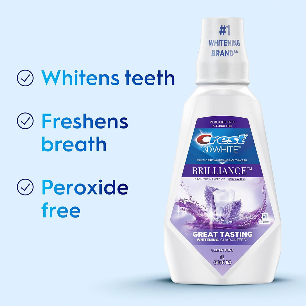 Crest Mouthwash/Mouth Rinse, 3D White Brilliance Whitening, Alcohol Free, Clean Mint, 2x1L (33.8 fl oz)