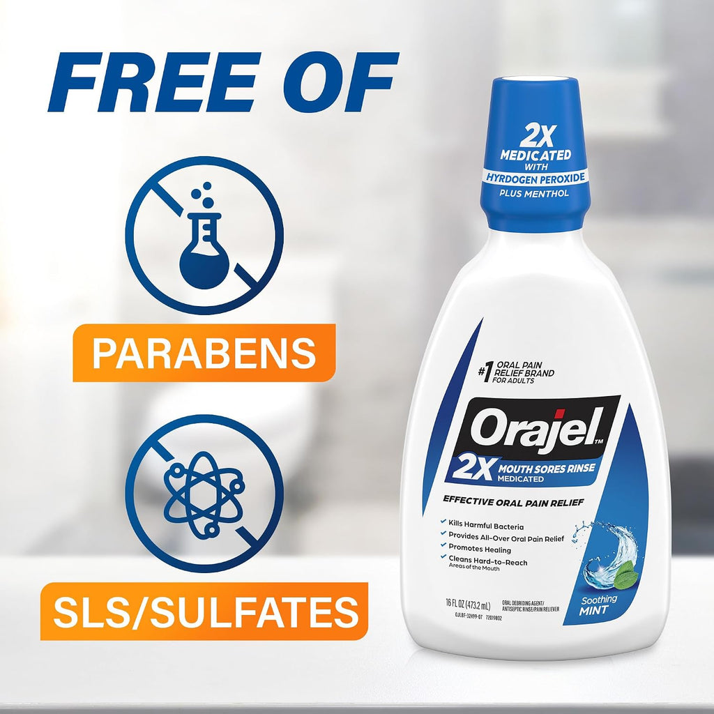 Orajel Mouth Sore Medicated Rinse for Oral Pain Relief, Mint, 16 Oz, 3-Pack