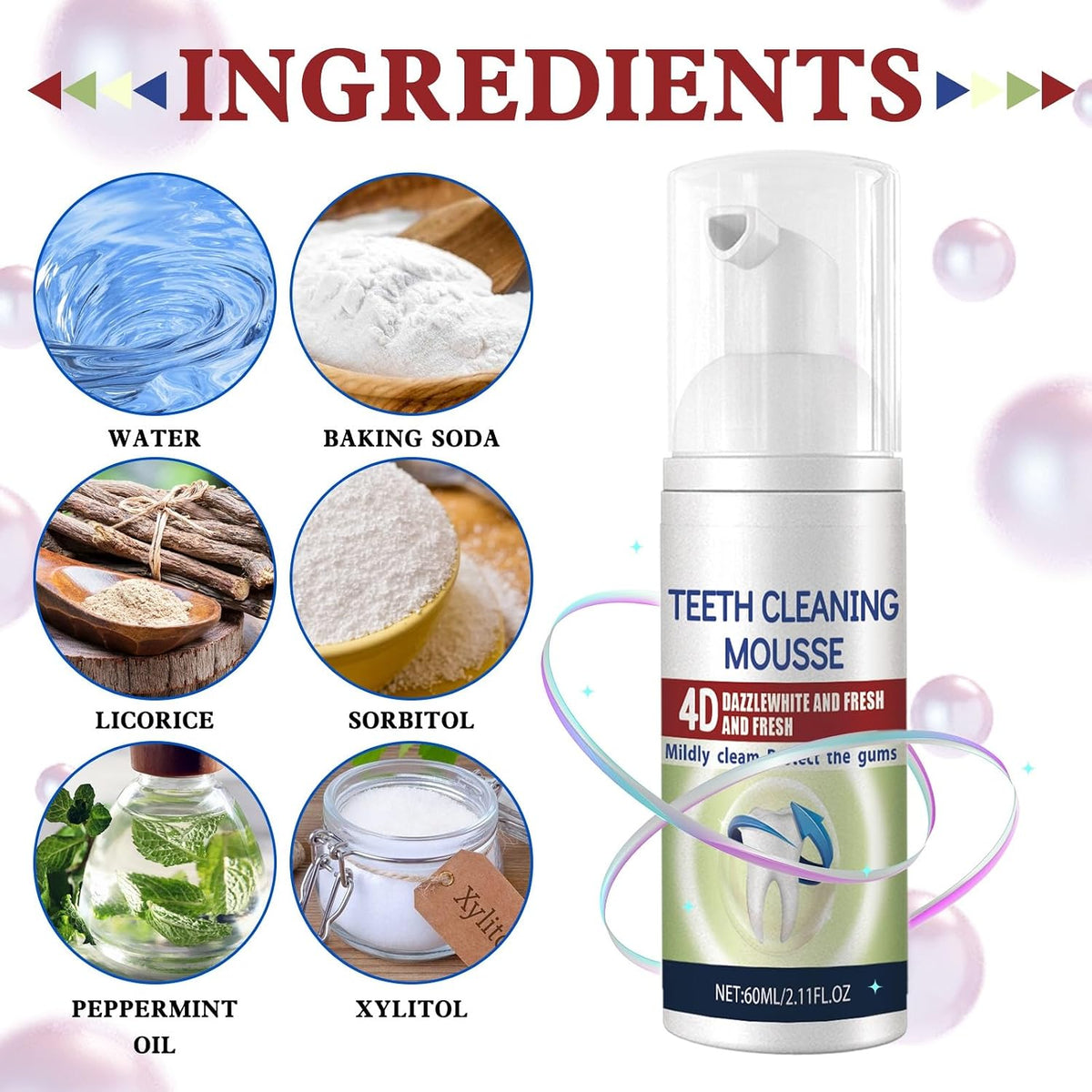 Whiten & Fresh Tooth Foam - Baking Soda, Licorice & Xylitol for Stain Removal, Daily Oral Care & Fresh Breath - Easy Use for Families(3pcs)