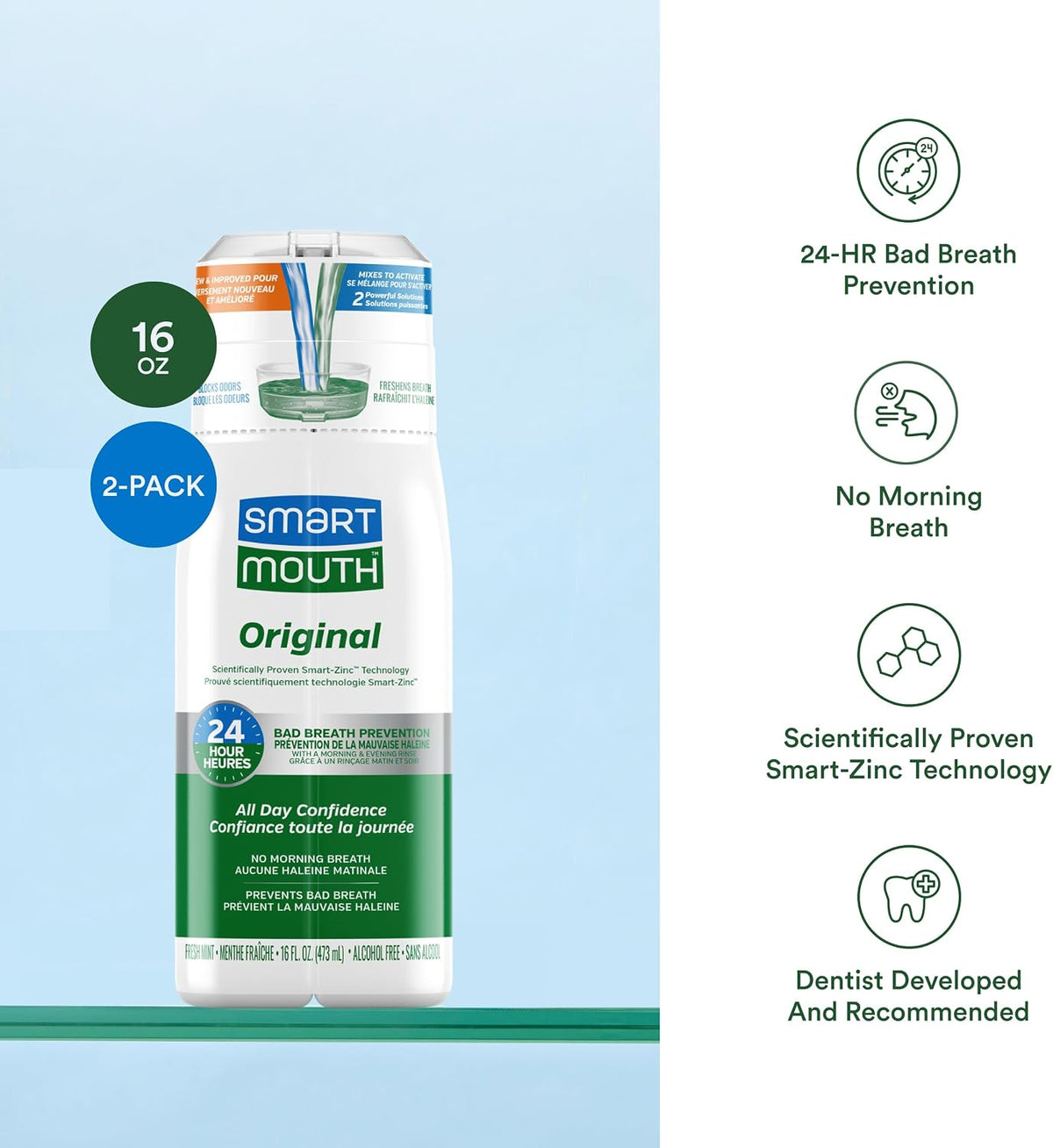 SmartMouth Original Zinc Activated Mouthwash, Fresh Mint, 16 fl oz, 2-Pack