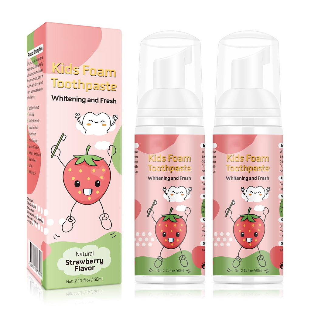Foam Toothpaste Kids 2PCS, Toddler Toothpaste Cavity Protection, Clean and Whitening, 360ºCare, Portable, Kids Foam Toothpaste with Fluoride for Electric U-Shape Toothbrushes(Strawberry & Watermelon)
